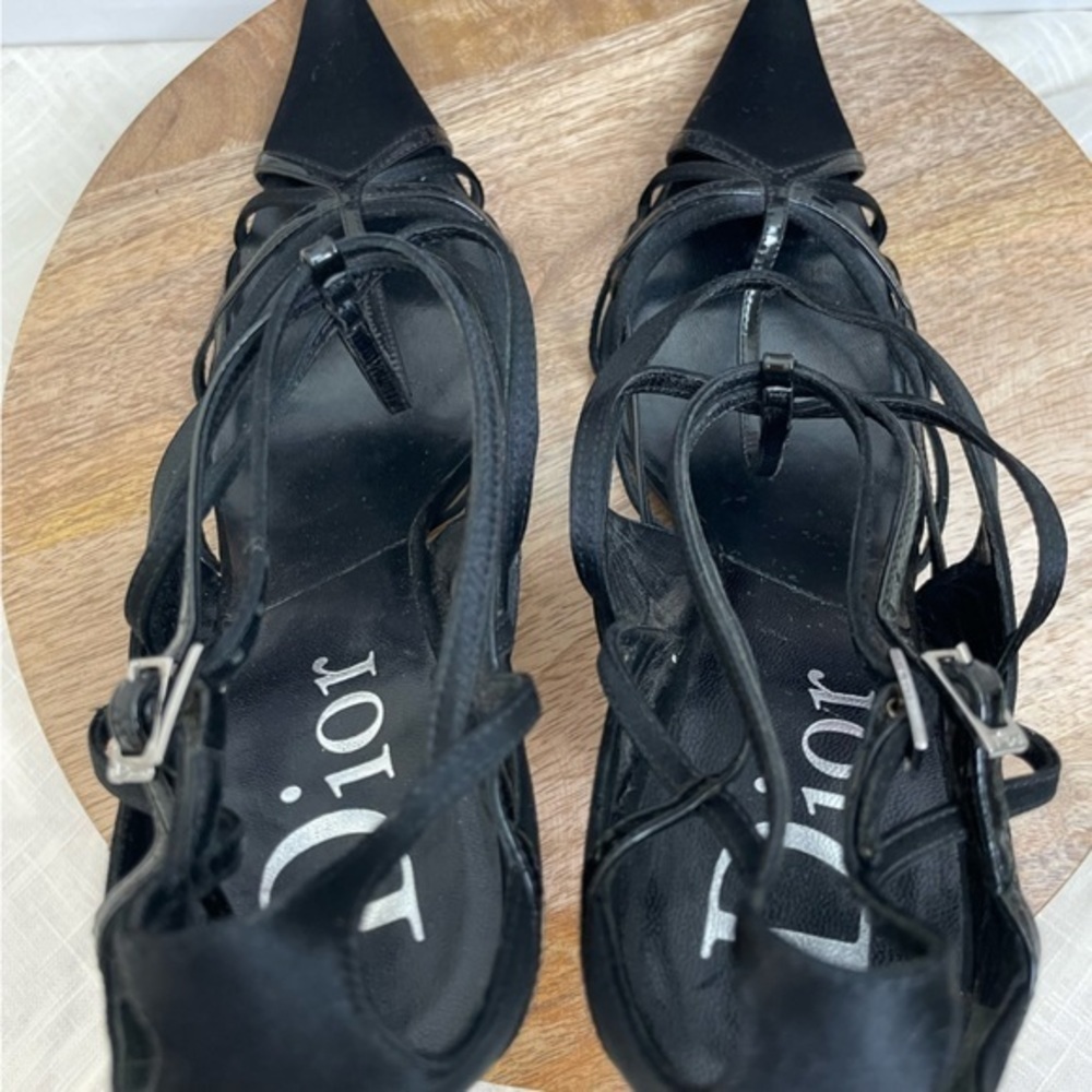 DIOR by JOHN GALLIANO Black Leather& Satin Multistrap Pointed Toe Heels - Picture 5 of 16